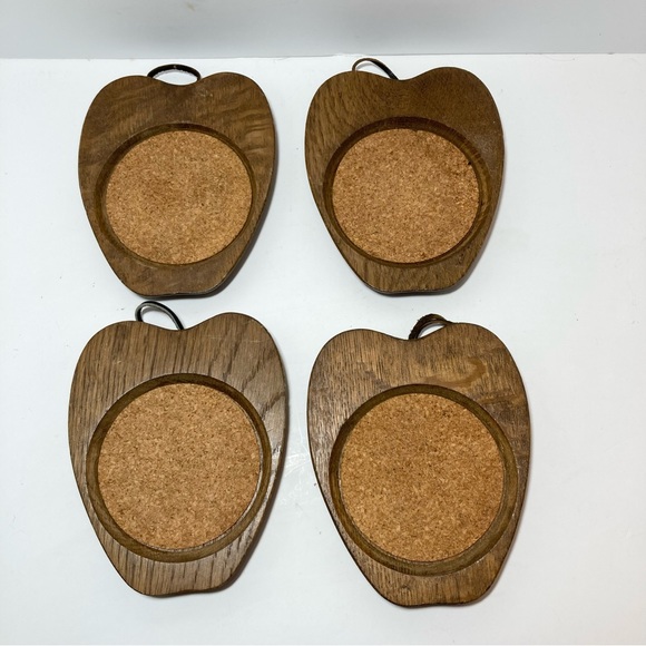 1960s Wood Apple Coaster Vintage Japan Sere Hand Carved Set of 4 - Picture 3 of 6